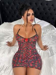 SHEIN 女式樱桃图案细肩带串珠紧身透明性感睡袍 - 彩色 - 查看 6