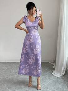 Rafferiza 女士优雅长款修身连衣裙，光滑丝滑舒适面料，刺绣花卉图案，适合晚间场合 - 紫色 - 查看 5