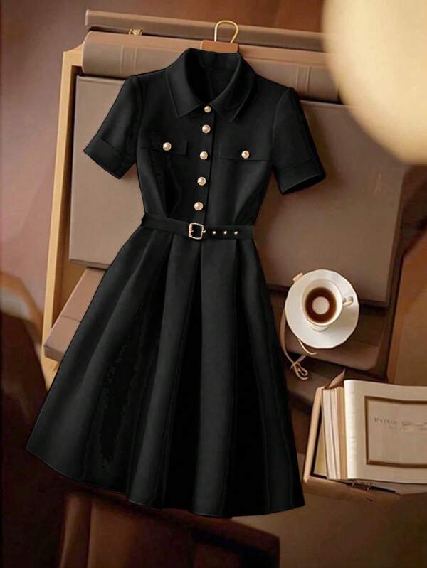 Regalyn Plus Size Pearl Button Waist Belted Summer Dress