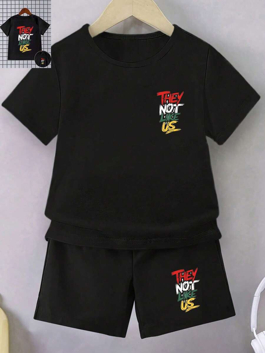 2pcs Toddler Boys Basic Short Sleeve T-Shirt + Black Shorts Set - Multi-Color School Clothes Back To School Clothes Puppy Keep Puppy Graphic Tees - Black - View 1