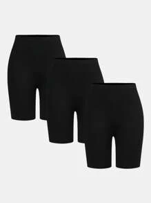 SHEIN Girlism 3 pezzi Leggings aderenti corti casual in maglia nera per ragazze adolescenti, adatti per tutte le stagioni, leggings aderenti per equitazione e sport, leggings versatili di media lunghezza, confezione da 3 leggings a pantaloncino in tinta unita