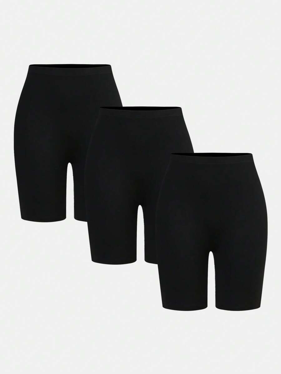 SHEIN Girlism 3 pezzi Leggings aderenti corti casual in maglia nera per ragazze adolescenti, adatti per tutte le stagioni, leggings aderenti per equitazione e sport, leggings versatili di media lunghezza, confezione da 3 leggings a pantaloncino in tinta unita