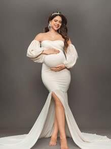Cheriluna Maternity Maternity Photography Dress, Off Shoulder Lantern Sleeve Mermaid Hem Fitted Party Dress - Apricot - View 3