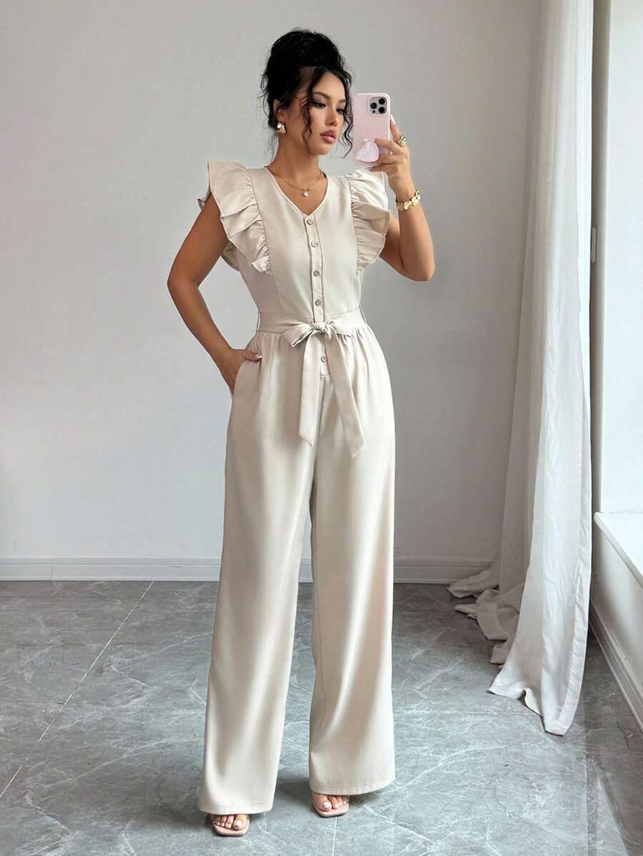 Selianne Casual Women's Ruffle Drawstring Jumpsuit - Apricot - View 1