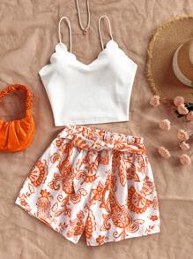 Soleia 2 piezas Conjunto de pantalones cortos y top de mujer de verano, pantalones cortos azules retro con estampado y top de tirantes con adorno de teñido anudado, pantalones cortos holgados de cintura elástica con estampado floral, conjunto de ropa de verano de 2 piezas para vacaciones - Naranja - Ver 5