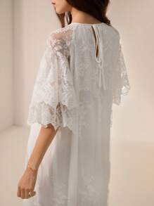 BELROSIE French Romantic Style Lace Round Neck Long Dress, Flared Skirt, Ruffle Layered, Loose Fit, Mid-Sleeve - White - View 4