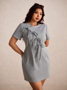 Elaquor Plus Size Bow Knot Tie Waist Fitted Short Sleeve Mini Casual Dress