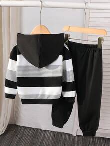 SHEIN Young Boys Casual Loose Comfy Versatile Cute Fluffy Bear Logo Striped Pattern Hooded Top And Long Pants Set Fall Winter - Black - View 2