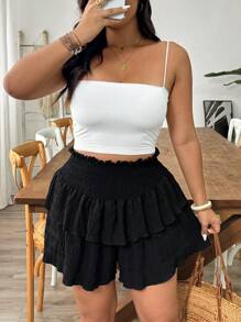 SHEIN PETITE Plus Size Women Elastic Waist Ruffle Black Skirt Shorts - Black - View 3