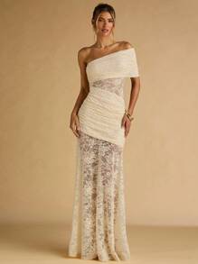 SHEIN BAE 春夏杏色精致蕾丝不对称露肩领半透明大码连衣裙优雅女士长裙，度假连衣裙，夏装，女士沙滩装，女士婚礼宾客礼服，女士生日礼服，黄色连衣裙 - 杏色 - 查看 4