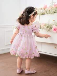 Babygirl Cute & Elegant Pink Floral Embroidery Mesh Short Sleeve Dress - Pink - View 2