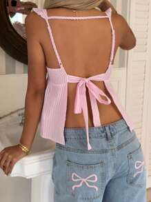 SHEIN EZwear Blusa sin espalda y sin mangas con volantes y lazo delantero a cuadros rosas - Rosa - Ver 2