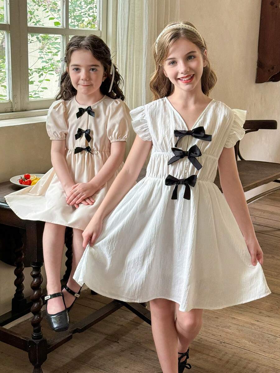 LMoss Kids Tween-Mädchen Einfarbiges, figurbetontes Lässig Kleid mit V-Ausschnitt - Weiss - Übersicht 1