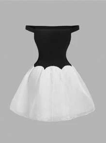 SHEIN MOD Robe de fête pour femmes grande taille, robe de fête, robe d'été, robe pour vacances d'été et port quotidien, robe de remise des diplômes, robe d'anniversaire pour femmes, robe courte noire et blanche à épaules dénudées avec panneau en maille, robe blanche pour femmes grande taille, robe d'été - Noir et Blanc - Voir 3