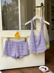 SHEIN EZwear Women's Summer Textured Halter Neck Tank Top And Ultra Shorts Set For Vacation