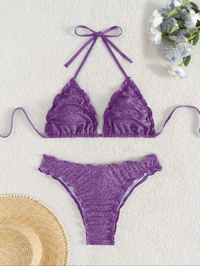 SHEIN Swim 2pcs Women Summer Solid Color Ruffle Edge Halter Top And High Cut Bottom Bikini Swimwear Set