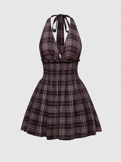 J-Fashion Summer Plaid Print Tie Backless Shirred Waist Short Dress