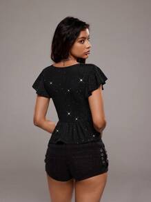 TRNVIE 女式春夏度假风深V领荷叶边短袖褶皱腰T恤 - 黑色 - 查看 2