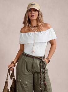Freevana Plus Off Shoulder Ruffle Trim Eyelet Embroidery Bodysuit - White - View 5