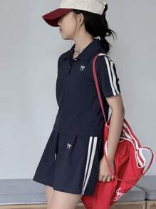 DAZY Tween Girls Knit Collar Bow Embroidered Short Sleeve Top+Skirt 2-Piece Set, Summer - Navy Blue - View 4