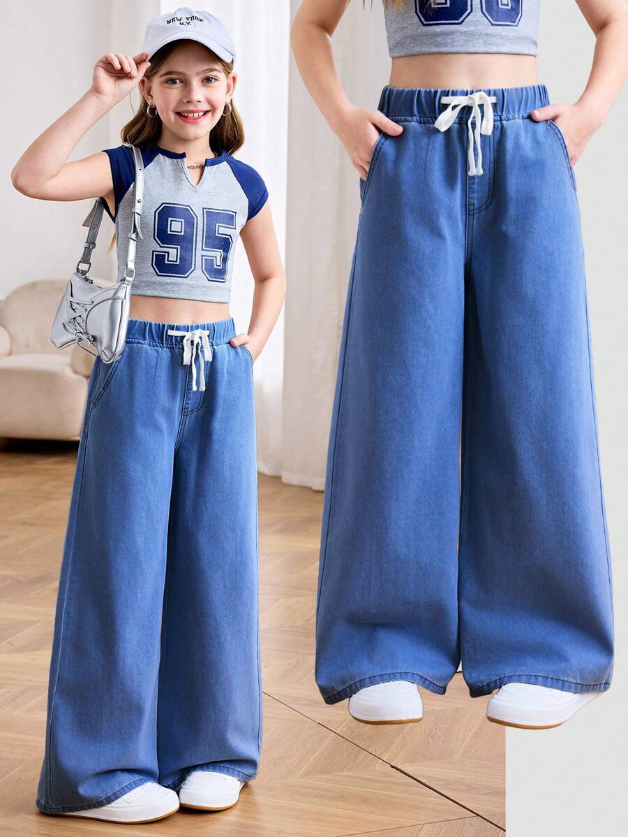 SHEIN Tween Girl Summer Light Washed Drawstring Waist Wide Leg Casual Jeans For Daily Wear, Summer Stretchy Waist Comfortable Wide Leg Pants, Summer Beach Boho Vacation Casual, Rave Concert Festival Fall Winter - Medium Wash - View 1