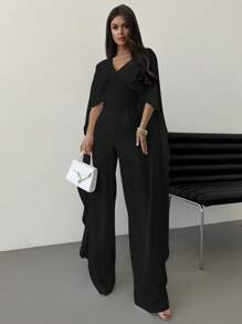 Firerie 女士优雅浪漫魅力度假 V 领披肩，超长袖，腰带 A 字形白色阔腿连体裤，春夏 - 黑色 - 查看 3