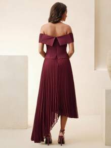 Anewsta Off-Shoulder Kleid mit geraffter Taille, französischer Stil mit Falten - Bordeaux - Übersicht 2