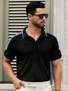 Manfinity VCAY Camisa polo de manga corta slim fit con cuello plano de punto retazos para hombre - Negro - Ver 5