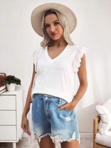 SHEIN 孕妇夏季度假花卉刺绣盖袖V领休闲T恤 - 白色 - 查看 5