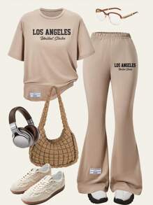 SHEIN Sparklyn 2 件套青少年女孩休闲舒适简约字母印花短袖上衣和喇叭裤 - 卡其色 - 查看 1