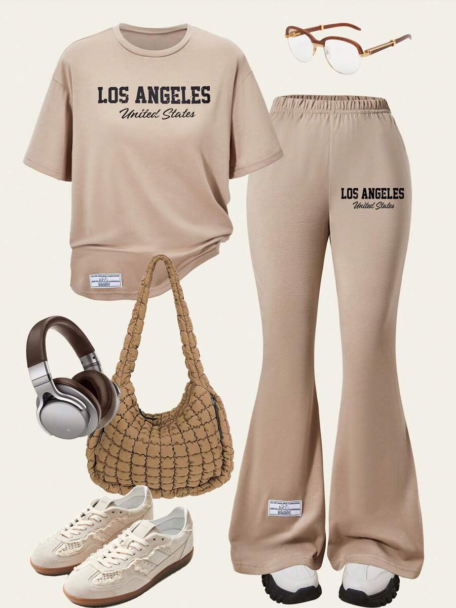 SHEIN Sparklyn 2 件套青少年女孩休闲舒适简约字母印花短袖上衣和喇叭裤 - 卡其色 - 查看 1