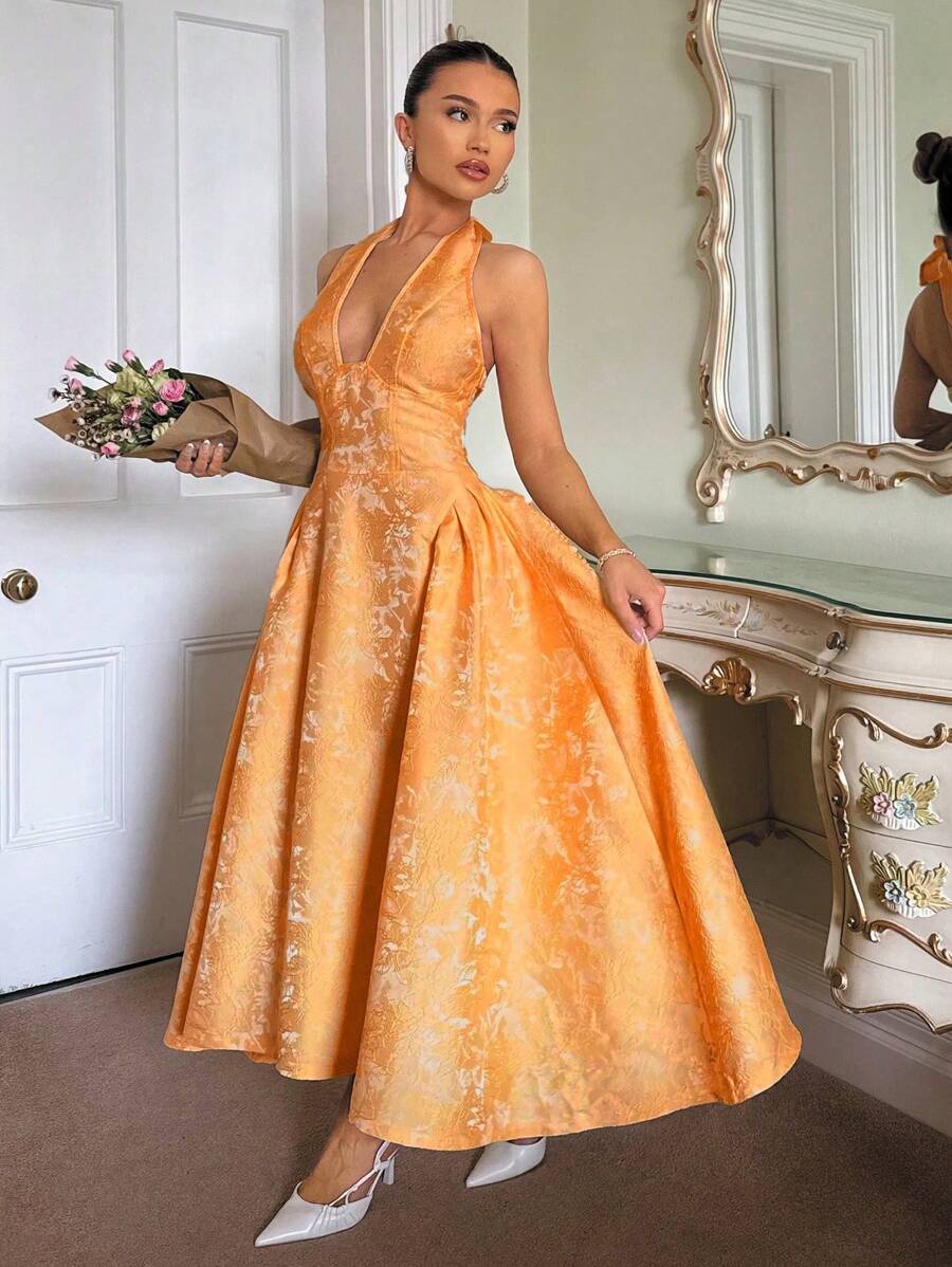 Glamine Charm 复古3D压花花卉V领无袖A字裙女装 - 橘色 - 查看 1