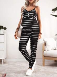 SHEIN Maternity Jumpsuits Ribbed Fabric, High Elastic, Black & White, Summer Pregnancy Overall, Front Panel Is Ribbed, Back Panel Is Plain - Black and White - View 4