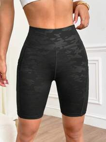Easithlete Summer Camo Print Double Pocket Splice Sports Shorts Workout Short - Black - View 3