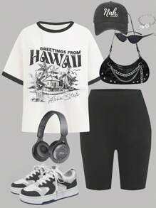 Set de 2 piezas de camiseta de manga corta y pantalones cortos casuales para niñas preadolescentes, adecuado para el verano