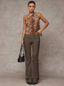 SHEIN BAE 女士纯色休闲时尚外出百搭休闲老款风格口袋宽腰带简约通勤办公室低腰宽松喇叭腿长裤，冬季女裤，秋季女装，工作服，复古风格，秋冬裤，低腰裤，羊毛裤，正装裤，休闲裤 - 咖啡棕 - 查看 4