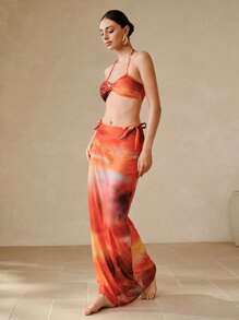 Swim Oasis Set de 3 piezas, Conjunto de bikini y falda con estampado de puesta de sol, decoración de metal fruncido y correa para el hombro desmontable, conjunto de verano para la playa - Multicolor - Ver 4