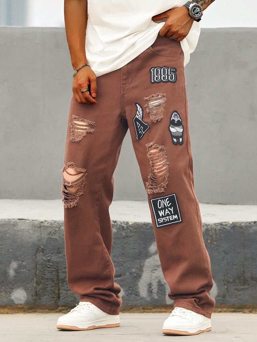 Manfinity Roghcode Quần Jeans Denim Trang Trí Thường Ngày Đã Giặt Cũ Cho Nam - Cà phê nâu - Xem 1
