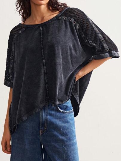 Bohemela 女士休闲纯色针织拼接圆领宽松短袖T恤