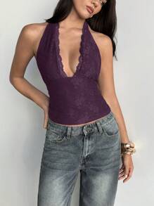 Aloruh 女士花卉纹理露背紫色蕾丝吊带背心，优雅性感，适合办公室、外出、约会、教师等场合。 - 紫色 - 查看 3