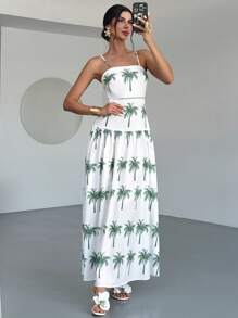 Firerie Women's Elegant Casual Beach Vacation New Palm Tree Print Cinched Waist Maxi Slip Dress, Summer - Green - View 4