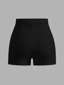 SHEIN Tall CURVE 大码女式高腰修身纯色短裤 情人节 - 黑色 - 查看 2