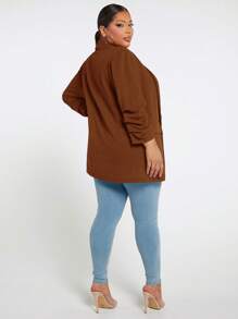 SHEIN Tall CURVE 秋冬大码女式纯色披肩领长袖休闲西装外套 - 棕色 - 查看 2