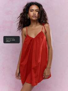 MISSGUIDED Mini Smock Dress Adjustable Tie Shoulder Straps Flowy Beach Vacation Summer Resort Holiday Evening Casual Loose Fit V Neck Christmas - Red - View 5