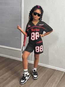 SHEIN Leap Crew 青少年女孩 88 数字和字母印花宽松 T 恤和直筒短裤 2 件套，休闲日常舒适时尚 - 黑色 - 查看 1