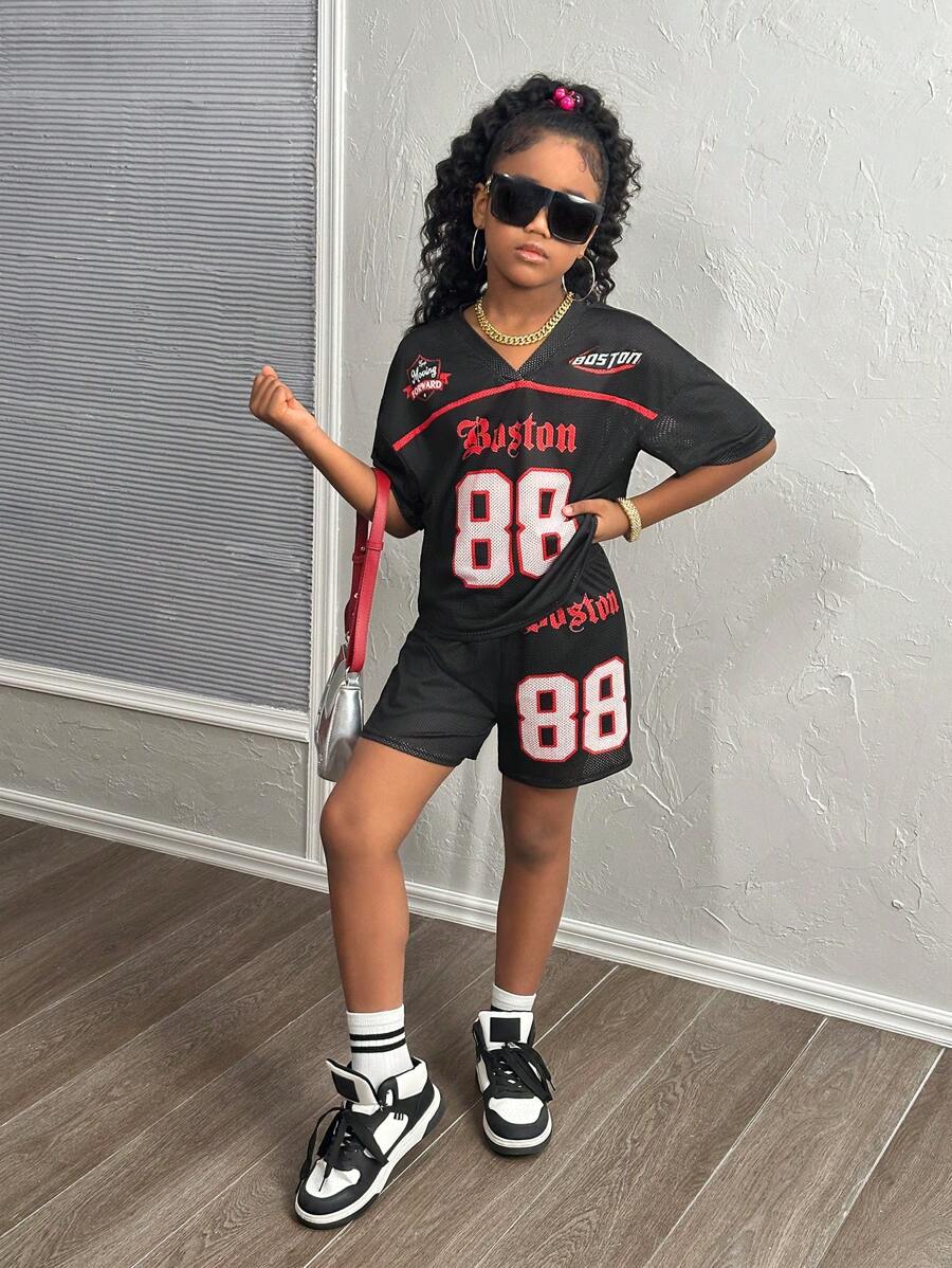 SHEIN Leap Crew 青少年女孩 88 数字和字母印花宽松 T 恤和直筒短裤 2 件套，休闲日常舒适时尚 - 黑色 - 查看 1