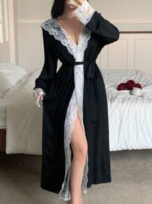 Snug Zone Casual Elegant Lace Patchwork Hooded Belted Bath Robe For Women, Cozy And Elegant Details, Fall & Winter - Black and White - View 5