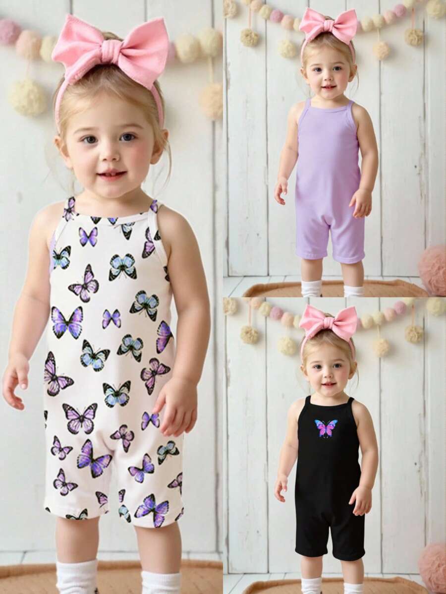 3pcs/Pack Baby Girls' Butterfly Print Strap Romper, 1 Purple, 1 Full Print, 1 Black Baby Girl Butterfly Summer Outfits - Multicolor - View 1