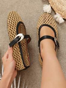 SHUZIA Giày búp bê Mary Jane Ballet Flat Crochet Raffia dành cho nữ - Màu be - Xem 3