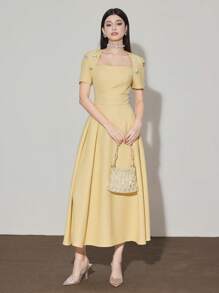 Modelyn 方领收腰手工 3D 花卉 A 字优雅连衣裙，适合派对、聚会和约会 - 黃色 - 查看 2